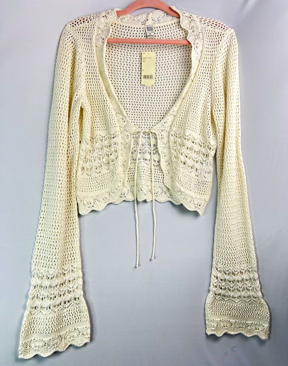 BDG Women's Cream Crochet Open-Knit V-Neck Bell Sleeve Pullover Sweater XL
